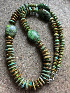 Long Sterling Silver Green Turquoise Bead Necklace. 32 inch