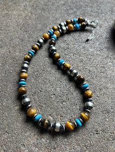 Sterling Silver Tiger’s Eye W Pearls Bead Necklace. 19 Inch. Gift