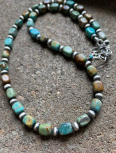 Load image into Gallery viewer, Sterling Silver Blue Green Turquoise W Pearls Bead Necklace. 18 inch