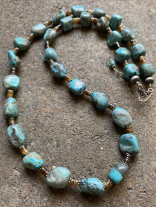 Sterling Silver Turquoise Nuggets Heishi Bead Necklace 25 Inch