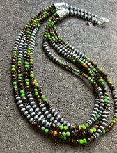 Load image into Gallery viewer, Sterling Silver Multi Strand Green Turquoise Tigers Eye Bead Necklace. 24 inch