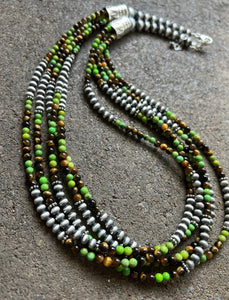 Sterling Silver Multi Strand Green Turquoise Tigers Eye Bead Necklace. 24 inch