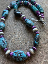 Load image into Gallery viewer, Sterling Silver Dyed Sugilite Turquoise W Navajo Pearls Bead Necklace. 22 inch