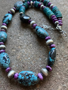 Sterling Silver Dyed Sugilite Turquoise W Navajo Pearls Bead Necklace. 22 inch