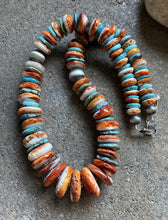Load image into Gallery viewer, Sterling Silver Graduated Turquoise W Spiny Oyster Bead Necklace. 18 inch