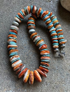 Sterling Silver Graduated Turquoise W Spiny Oyster Bead Necklace. 18 inch