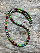Load image into Gallery viewer, Sterling Silver Green Turquoise Spiny Multi Stone Bead Necklace. 18 Inch