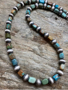 Sterling Silver Blue Green Turquoise W Navajo Pearls Bead Necklace. 18 inch