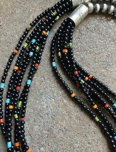 Sterling Silver Multi Strand Black Onyx Multi Stone Bead Necklace. 24 Inch