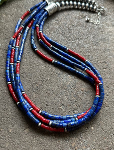 Sterling Silver Multi Strand Lapis Coral Pearls Bead Necklace. 24 inch