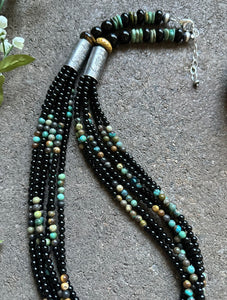 Sterling Silver Multi Strand Black Onyx Turquoise Bead Necklace. 24 Inch