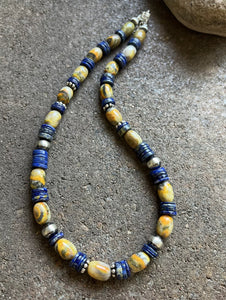 Sterling Silver Bumblebee Jasper Lapis Pearls Bead Necklace. 18 inch