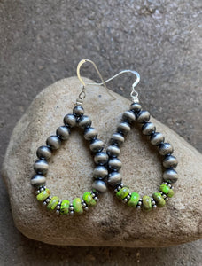 Sterling Silver Green Turquoise W Pearls Bead Loop Earrings.