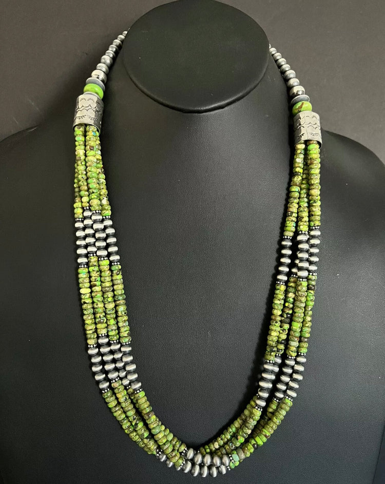 Sterling Silver Multi Strand Green Turquoise W Pearls Bead Necklace. 28 inch