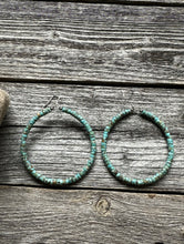 Load image into Gallery viewer, Sterling Silver Heishi Turquoise W Pearls Bead Hoop Earrings. 3 Inch