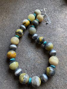 Sterling Silver Bumblebee Jasper W 16mm Navajo Pearls Bead Necklace. 18 inch