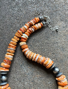 Sterling Silver Graduated Orange Spiny Oyster Bead Necklace. 18 inch