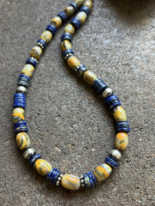 Sterling Silver Bumblebee Jasper Lapis Pearls Bead Necklace. 18 inch