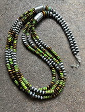 Load image into Gallery viewer, Sterling Silver Multi Strand Green Turquoise Tigers Eye Bead Necklace. 30 inch