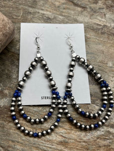 Sterling Silver Pearls Double Loop Lapis Bead Earrings.