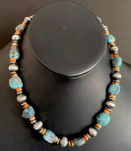 Load image into Gallery viewer, Sterling Silver Turquoise Nuggets W Spiny Oyster Bead Necklace 18 inch