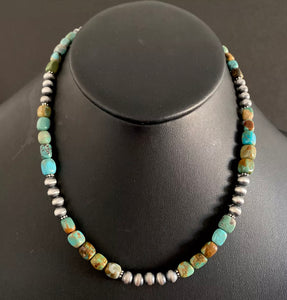 Sterling Silver Turquoise W Navajo Pearls Bead Necklace. 18 inch