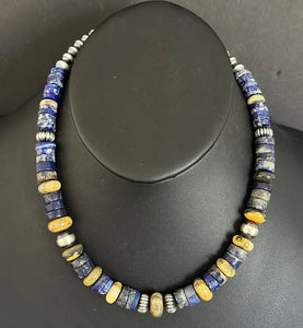 Sterling Silver Graduated Lapis Bumblebee Jasper Bead Necklace 18 inch