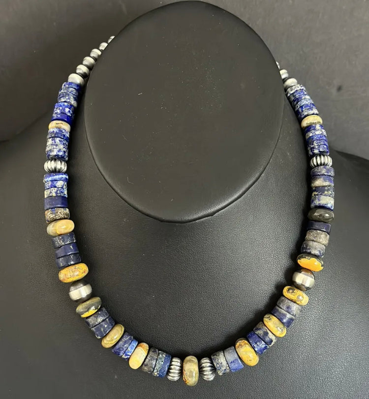 Sterling Silver Graduated Lapis Bumblebee Jasper Bead Necklace 18 inch