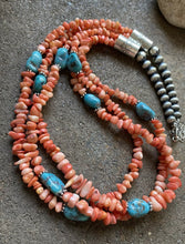 Load image into Gallery viewer, Sterling Silver Multi Strand Pink Coral Blue Turquoise Bead Necklace 24 Inch