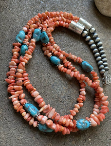 Sterling Silver Multi Strand Pink Coral Blue Turquoise Bead Necklace 24 Inch