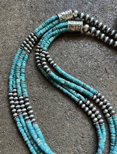 Sterling Silver Multi Strand Turquoise W Pearls Bead Necklace. 24 inch