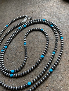 60” Sterling Silver Sleeping Beauty Turquoise 5mm Navajo Pearls Bead Necklace