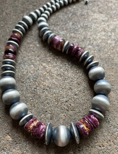 Sterling Silver Graduated Purple Spiny Oyster W Pearls Saucer Bead Necklace. 18”