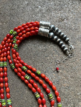 Load image into Gallery viewer, Sterling Silver Multi Strand Coral Green Turquoise Bead Necklace 22 Inch