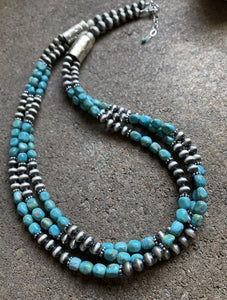 Sterling Silver Multi Strand Turquoise W Navajo Pearls Bead Necklace. 22 inch