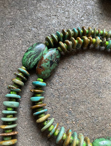 Long Sterling Silver Green Turquoise Bead Necklace. 32 inch