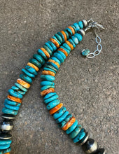 Load image into Gallery viewer, Sterling Silver Turquoise W Orange Spiny Oyster Bead Necklace. 18 inch