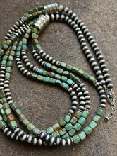 Load image into Gallery viewer, Sterling Silver Multi Strand Green Turquoise Bead Necklace. 30 inch