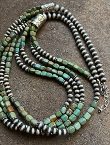 Sterling Silver Multi Strand Green Turquoise Bead Necklace. 30 inch