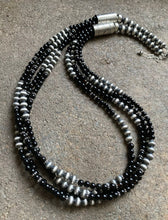 Load image into Gallery viewer, Sterling Silver Multi Strand Black Onyx W Navajo Pearls Bead Necklace. 25.5 Inch