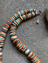Load image into Gallery viewer, Sterling Silver Graduated Turquoise W Spiny Oyster Bead Necklace. 18 inch
