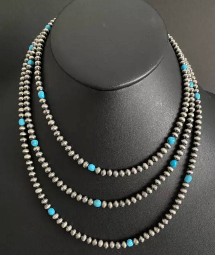 60” Sterling Silver Sleeping Beauty Turquoise 5mm Navajo Pearls Bead Necklace