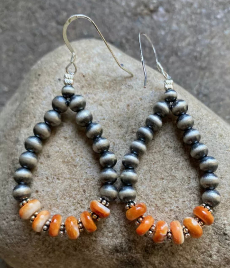 Sterling Silver Spiny Oyster W Pearls Bead Loop Earrings.