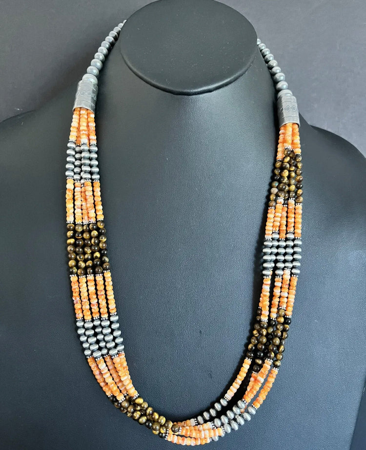 Sterling Silver Multi Strand Spiny Oyster Tigers Eye Bead Necklace. 28 inch