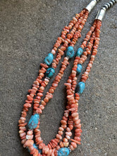 Load image into Gallery viewer, Sterling Silver Multi Strand Pink Coral Blue Turquoise Bead Necklace 24 Inch