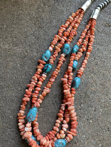 Sterling Silver Multi Strand Pink Coral Blue Turquoise Bead Necklace 24 Inch