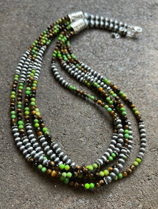 Sterling Silver Multi Strand Green Turquoise Tigers Eye Bead Necklace. 24 inch