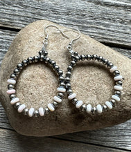 Load image into Gallery viewer, Sterling Silver Pink Conch W Pearls Bead Hoop Earrings. 2.5 Inch.