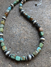 Load image into Gallery viewer, Sterling Silver Blue Green Turquoise W Navajo Pearls Bead Necklace 16 inch