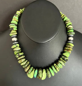 Sterling Silver Graduated Green Turquoise Bead Necklace. 18 inch